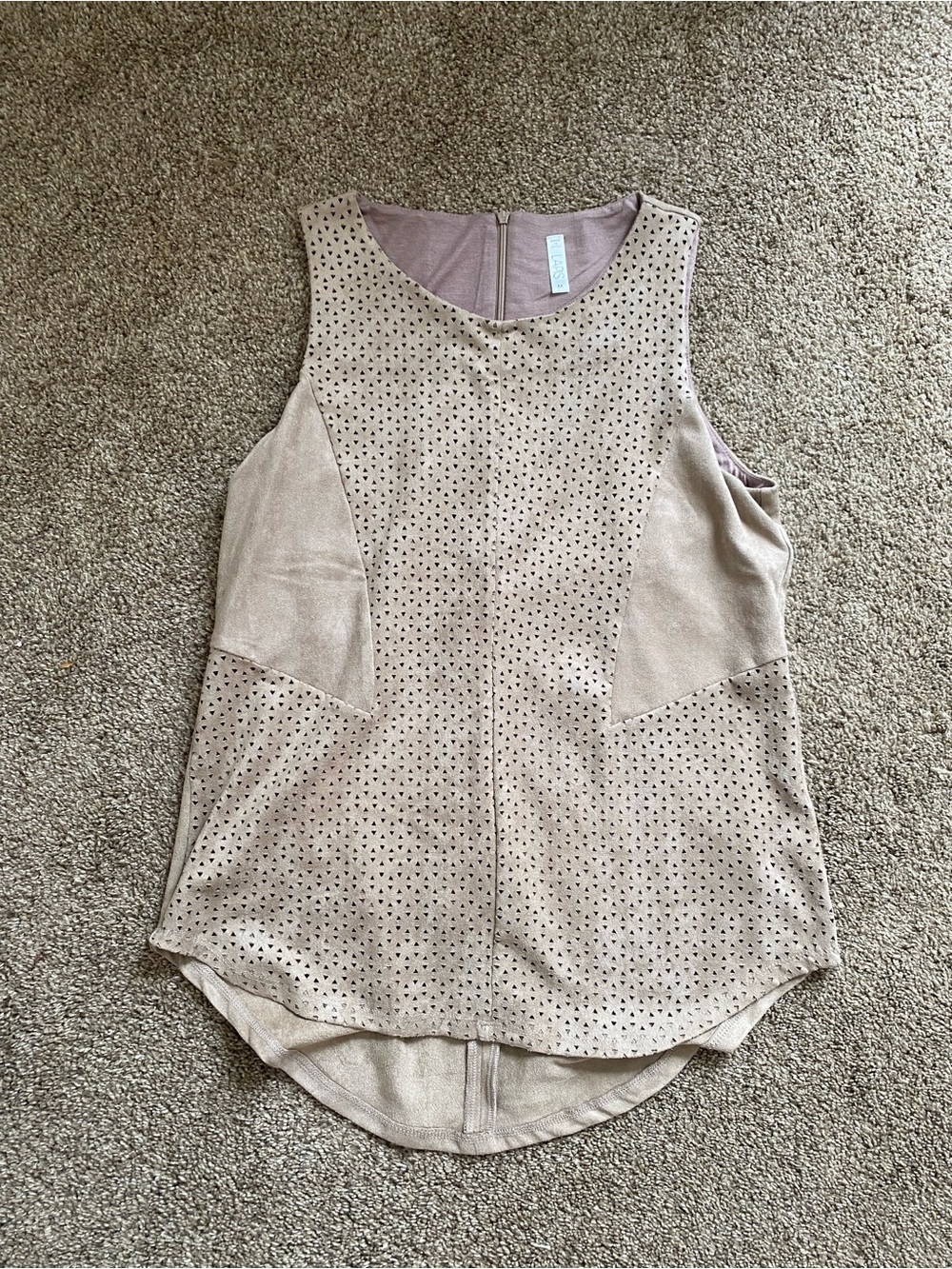 Lapis Beige Laser-Cut Sleeveless Suede-Look Tank